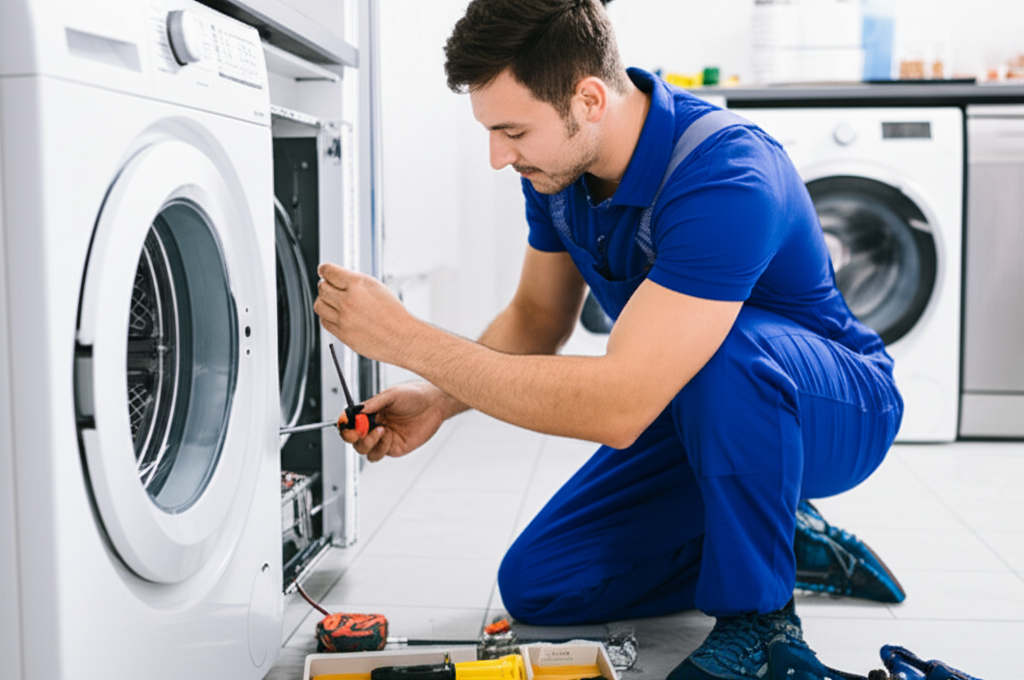 Tecnico di Servizio Elettrodomestici Ticino che ripara un elettrodomestico in casa di un cliente nel Canton Ticino